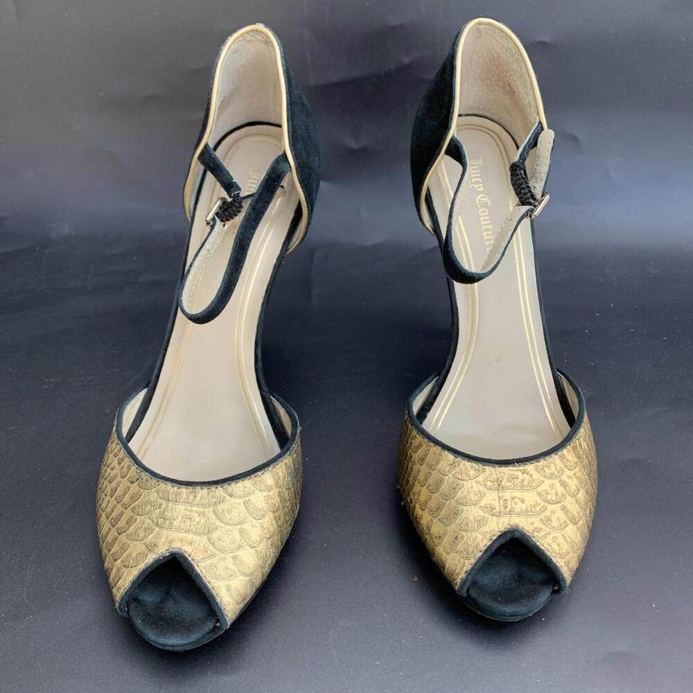 Juicy Couture Genuine Leather Heels Gold Black Sandals Sz 8.5 Womens Genuine